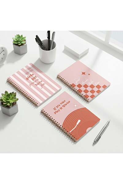 lin notebook A5 15x21 cm 3’lü Spiral Kareli Defter Seti - 80 Yaprak Soft Pembe That Girl Okul, Not Defter