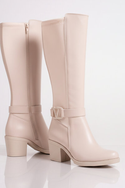 Limeo Cream Leather Look Back Stretch Flexible Thick Medium High Heel V Metal Detail Zippered Long Boots