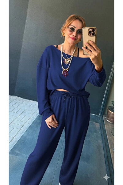 Butik Women's Long Sleeve One Shoulder Open Viscose Two Thread Blouse and Pants Two Piece Set