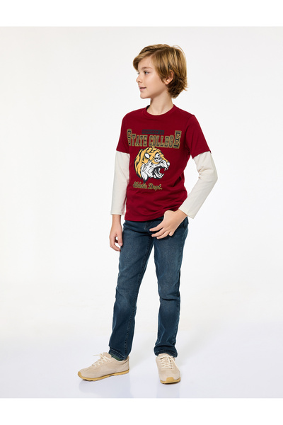 Koton Crew Neck Long Sleeve Cotton Tiger Printed T-Shirt