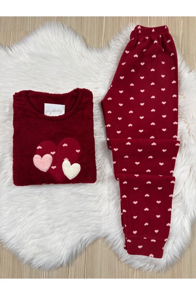 Pijamacs Bordo Kalp Desenli Ön Peluş Detaylı Polar Pijama Takımı
