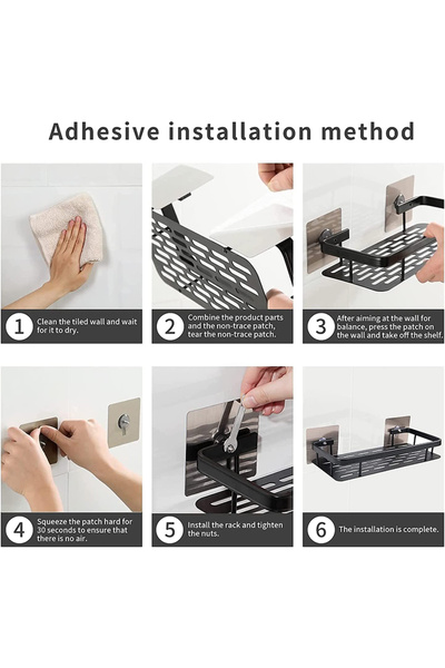 SPAULD رف دش كادي، رف دش لاصق أسود للحمام، منظم حمام، لا يحتاج إلى حفر على الحائط،