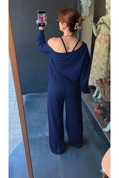 Butik Women's Long Sleeve One Shoulder Open Viscose Two Thread Blouse and Pants Two Piece Set