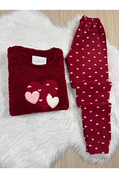 Pijamacs Bordo Kalp Desenli Ön Peluş Detaylı Polar Pijama Takımı