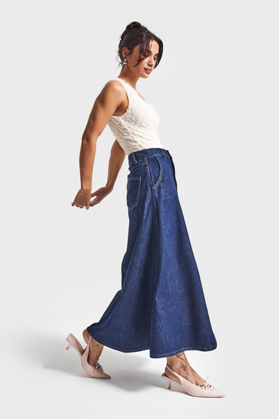 its basic Kadın İndigo Renk 7w5-50 A Tipi Çan Kesim Maxi Boy %100 Koton Denim Etek