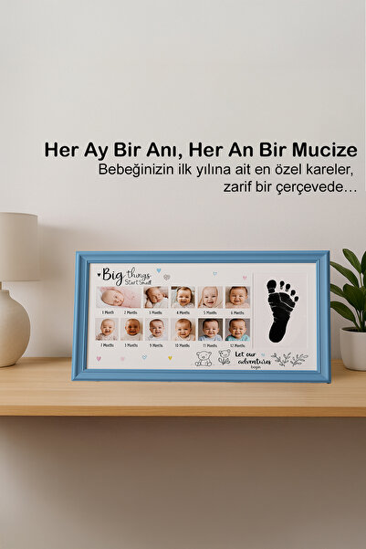 Moky Design Bebek İlk Yıl Fotoğraf Anı Çerçevesi (38x23cm), Aylık Konsept Resimler ve Erkek Yenidoğan Hediyesi