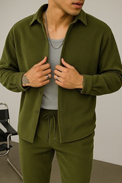 İLKCET MODA Ανδρικό πουκάμισο χακί oversized βελούδινο