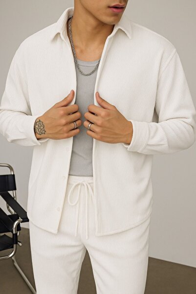 İLKCET MODA Cămașă albă supradimensionat din catifea pentru bărbați