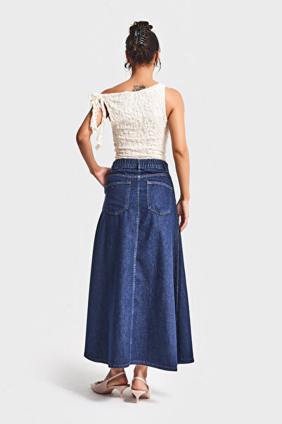 its basic Kadın İndigo Renk 7w5-50 A Tipi Çan Kesim Maxi Boy %100 Koton Denim Etek