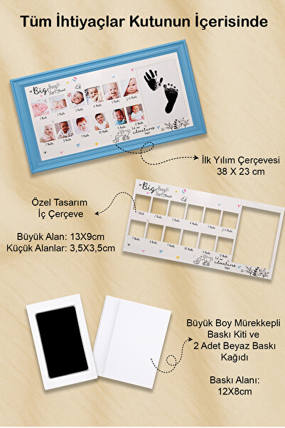 Moky Design Bebek İlk Yıl Fotoğraf Anı Çerçevesi (38x23cm), Aylık Konsept Resimler ve Erkek Yenidoğan Hediyesi