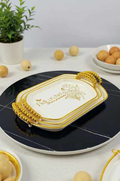 Living طقم تباسي 3 ح مستطيل ، لون بيج مع مقابض ذهبية