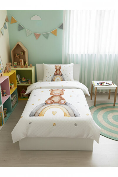 Evmila Ayıcık Gökkuşağı Desenli Bebek Ve Çocuk Baskılı Tek Kişilik Pike Takım...