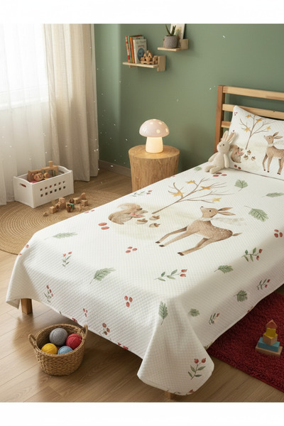 Evmila Geyik Desenli Bebek Ve Çocuk Baskılı Tek Kişilik Pike Takımı 160x230 B...