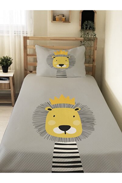 Evmila Aslan Desenli Bebek Ve Çocuk Baskılı Tek Kişilik Pike Takımı 160x230 Gri
