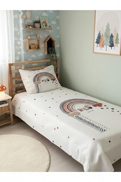 Evmila Gökkuşağı Desenli Bebek Ve Çocuk Baskılı Tek Kişilik Pike Takımı 160x2...