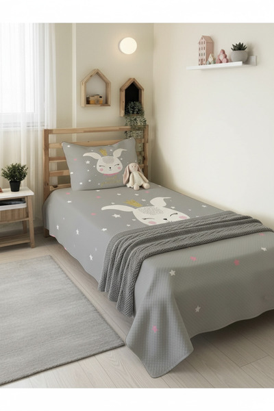 Evmila Tavşan Desenli Bebek Ve Çocuk Baskılı Tek Kişilik Pike Takımı 160x230 Gri