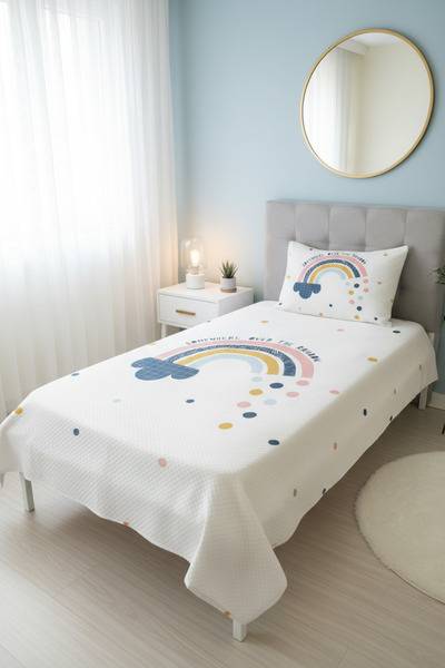 Evmila Gökkuşağı Desenli Tek Kişilik Pike Takımı 160x230 Beyaz