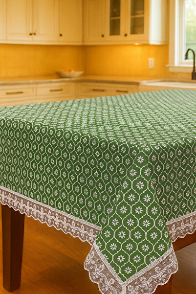 Rona Home Classic and Elegant Green Tablecloth Luxury Lace Edge Detailed Modern Stylish and High Quality Fabric