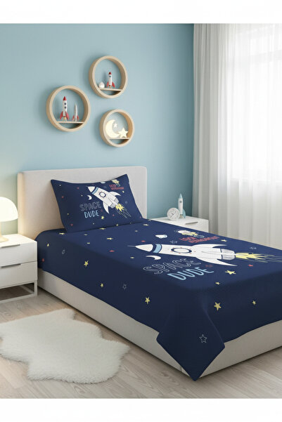 Evmila Roket Desenli Uzay Temalı Bebek Ve Çocuk Baskılı Tek Kişilik Pike Takı...