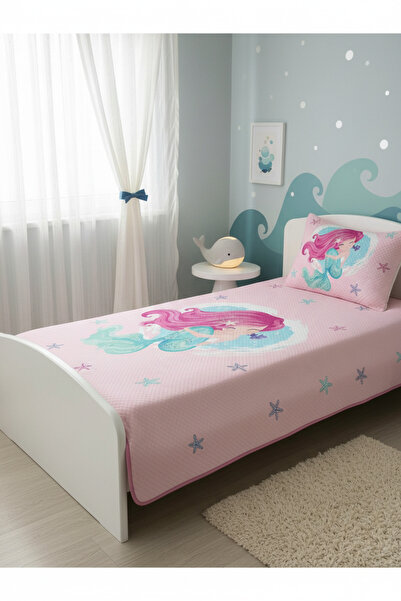 Evmila Deniz Kızı Desenli Bebek Ve Çocuk Baskılı Tek Kişilik Pike Takımı 160x...