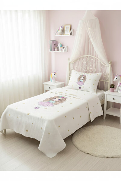 Evmila Prenses Desenli Bebek Ve Çocuk Baskılı Tek Kişilik Pike Takımı 160x230...