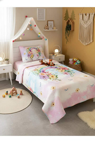 Evmila Çiçekli Gökkuşağı Desenli Tek Kişilik Pike Takımı 160x230 Cm
