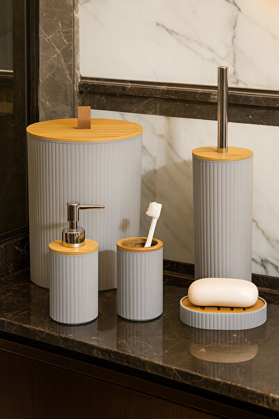 MAKRİ HOME 5 Parça Yuvarlak Banyo Seti, Bambu Kapaklı, Gri, Hacim: 7 litre