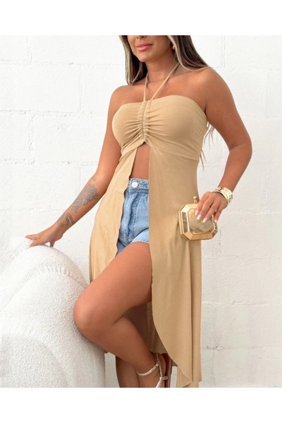 gl00my Women's Strapless Halter Neck Midi Blouse