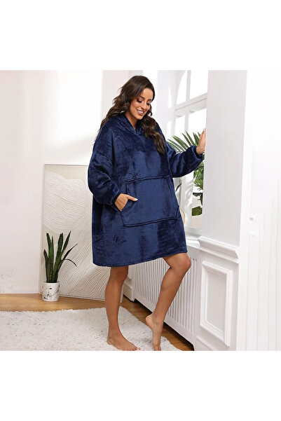 miraza Patura cu Maneci si Gluga, Tip Hanorac, Fleece Calduros, Plusat, Marime Universala, Albastru