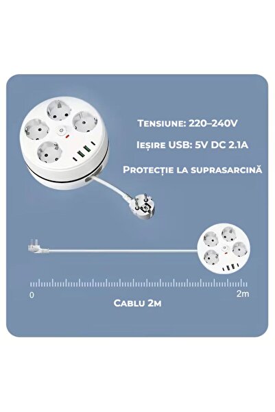 miraza 8 in 1 Extension Cord, 4 AC Outlets + 2x USB + 2x USB-C, 2 m Cable, Overload Protection, 2500 W