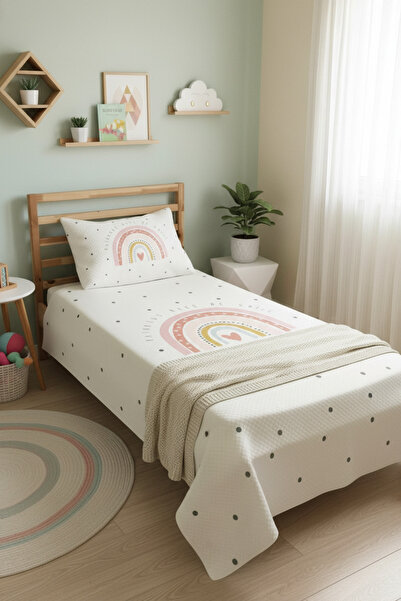 Evmila Gökkuşağı Desenli Bebek Ve Çocuk Baskılı Tek Kişilik Pike Takımı 160x2...