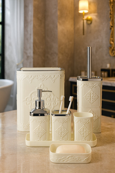 MAKRİ HOME Σετ μπάνιου 7 τεμαχίων με σχέδιο τετράγωνο με κάλυμμα κλικ, λευκό ασημί, όγκος: 8 λίτρα