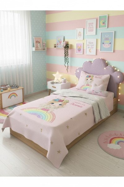 Evmila Gökkuşağı Ve Kız Desenli, Baskılı Tek Kişilik ve Çocuk Pike Takımı