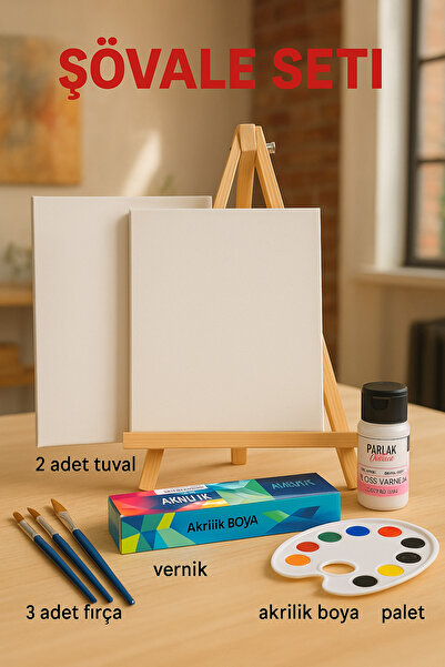 O&S Oyun ve Sanat Eğlen-Üret Resim Boya Seti - Mini Masa Şövalesi, 2 Tuval, Resim Verniği, Akrilik Boya Palet, (MASAÜSTÜ ŞÖVALYE)