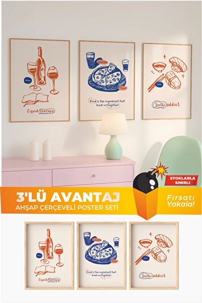 MIOVI 3’lü Ahşap Çerçeveli Poster Seti – “Food Lovers” Minimalist Tablo Kolek...