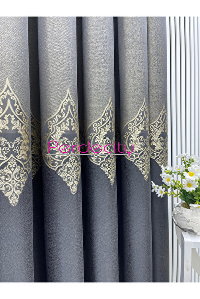 PERDECITY Κουρτίνα φόντου με μοτίβο οθωμανικού στυλ, χρυσό ανθρακίτη Ζευς, 1x3, συχνό πλισέ [μονό φύλλο]