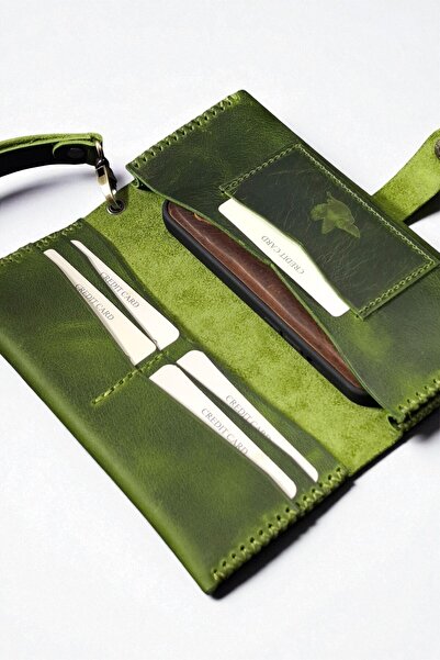 MAT Deri Yeşil Uzun Cüzdan Gerçek Deri Telefon Bölmeli El Yapımı Uzun Cüzdan Bilek Askılı
