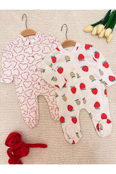 VANİLLİA Organic 100% Cotton Heart and Strawberry Printed 2-Piece Romper Set Newborn Set Newborn Romper