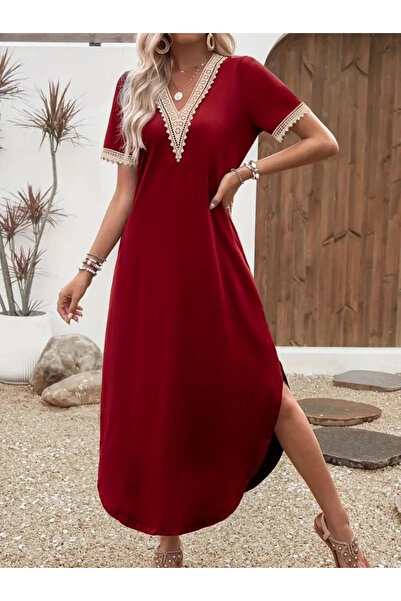 Genel Markalar Kadın Kısa Kollu Dantel V Yakalı Uzun Viskon Elbise