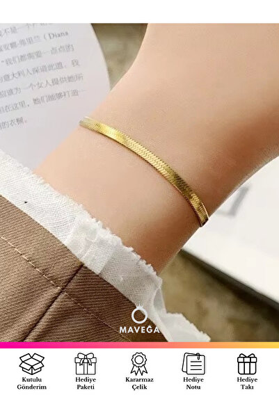 MAVEGA Yassı Ezme Italyan Zincir Bileklik | Kararmaz Çelik, Altın Renk, 23 Cm