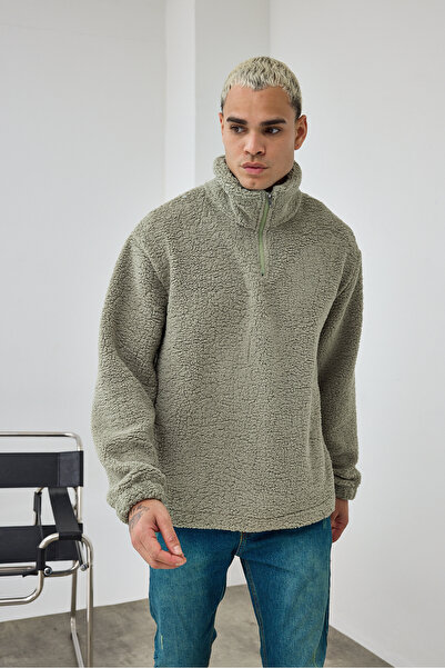 MADZEYMODA Ανδρικό φούτερ Premium ψηλός λαιμός με μισό φερμουάρ, πράσινο βελούδινο φούτερ LS-86081