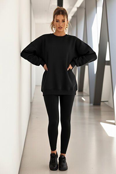 GUARAZ Μαύρο γυναικείο φούτερ με λαιμόκοψη Oversize με εσωτερικό φλις χοντρό και μαλακή υφή Basic