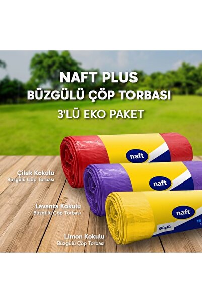 naft Büyük Boy Plus Büzgülü Çöp Torbası 65x70 3'Lü Eko Paket Lavanta-Çilek-Limon Kokulu Çöp Poşeti
