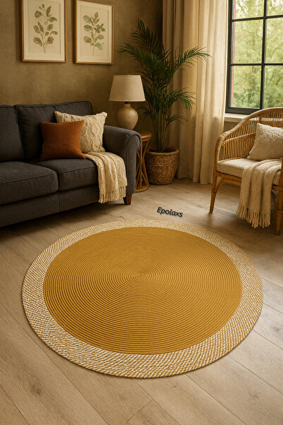 Epolaxs jüt hasır görünümlü halı yuvarlak halı, bohem tarz kilim, salon oturm...