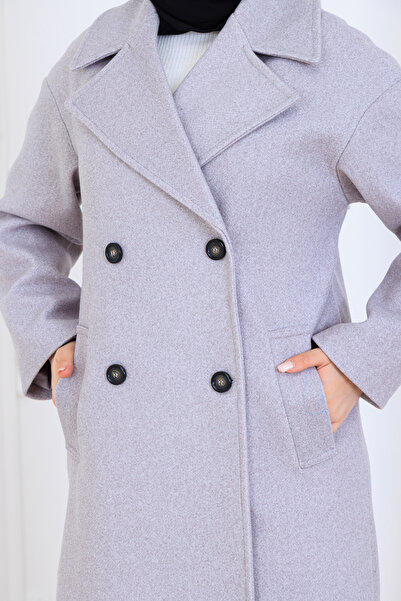 Eliva Women's Gray Stylish Elegant Thick Imported Cashmere Trench Coat Overcoat Double-Breasted Hijab Coat