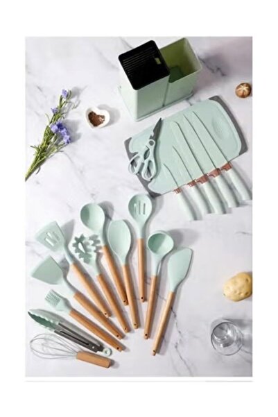 huitich 19-Piece Green Silicone Kitchen Utensil Set with Knife, Cutting Board, and Kitchen Gadgets