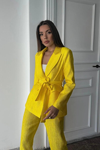 Genel Markalar Neon Beli Kuşaklı Ceket Ve Pantolon Parlak Takım