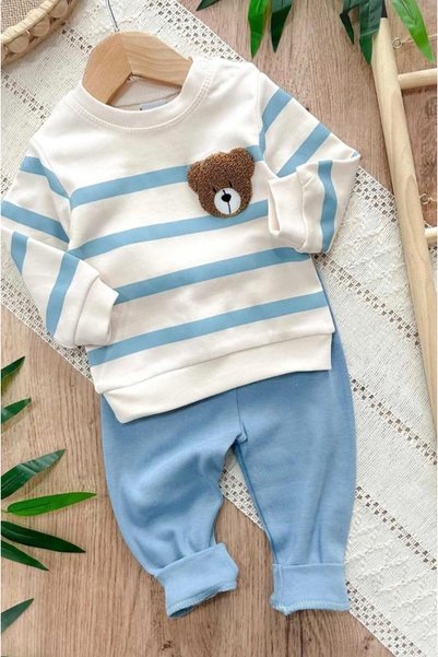 GÜNEŞ KİDS Snap-Shoulder Punch Teddy Bear Striped Baby Set, 2-Piece Bottom and Top, Transitional Months, 6-9-12 Months