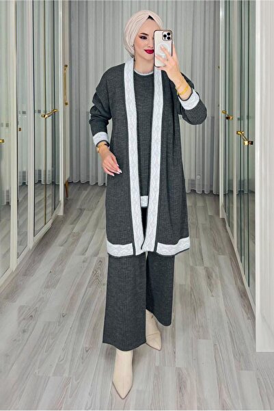 TRENDTESETTÜR Γυναικείο Γκρι (ANTRESIT) Πλεκτό Σετ Τριπλό Παντελόνι T 1588