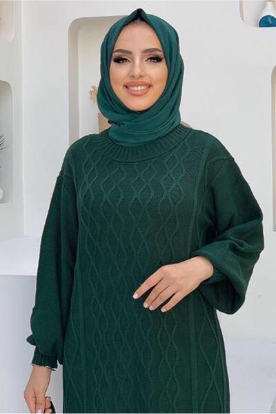 TRENDTESETTÜR KADIN YEŞİL (ZÜMRÜT) KENDİNDEN DESENLİ ÖRGÜ ELBİSE 51102